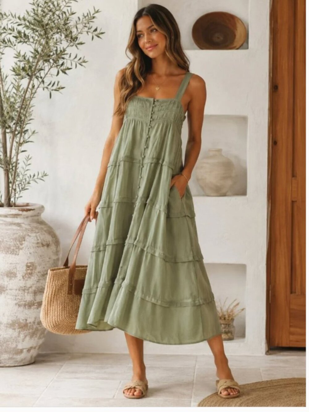 SANCIA Marielle Snow Gum Sage Green Tiered Button Front Midi Dress | Size M